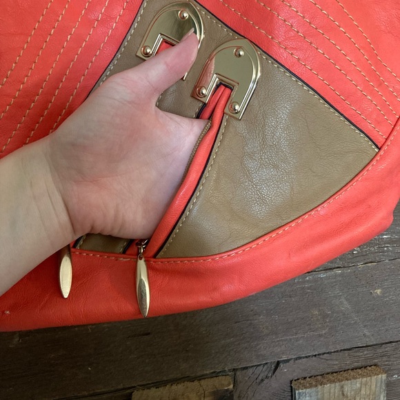 Coral & camel/tan, gold studded, purse. - Picture 3 of 14